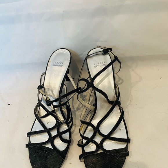 Stuart Weitzman~’Turning Up’ Black Strappy Glitter Sandals - Picture 1 of 5